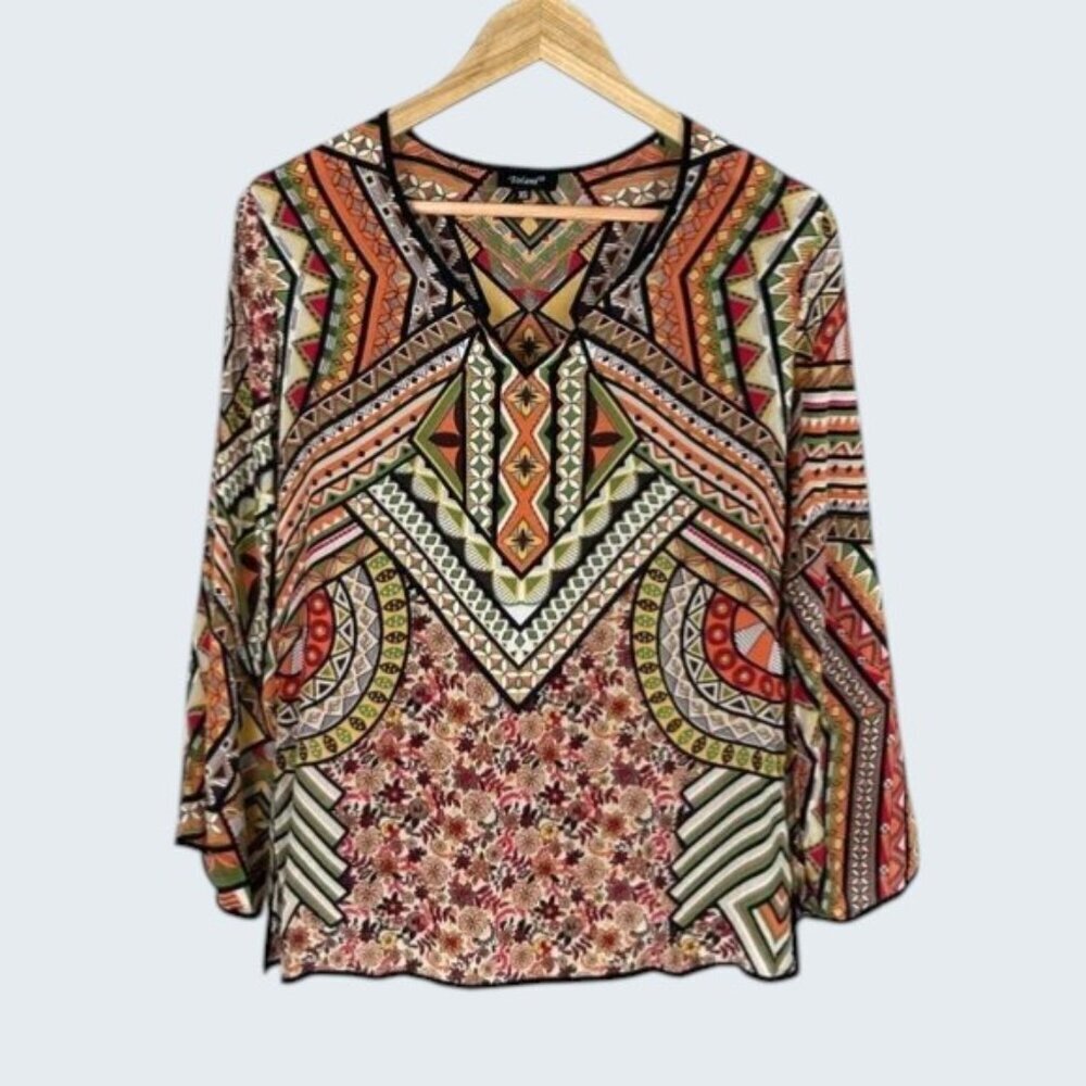 TOLANI 100% SILK FLORAL GEOMETRIC PRINT TUNIC BLOUSE